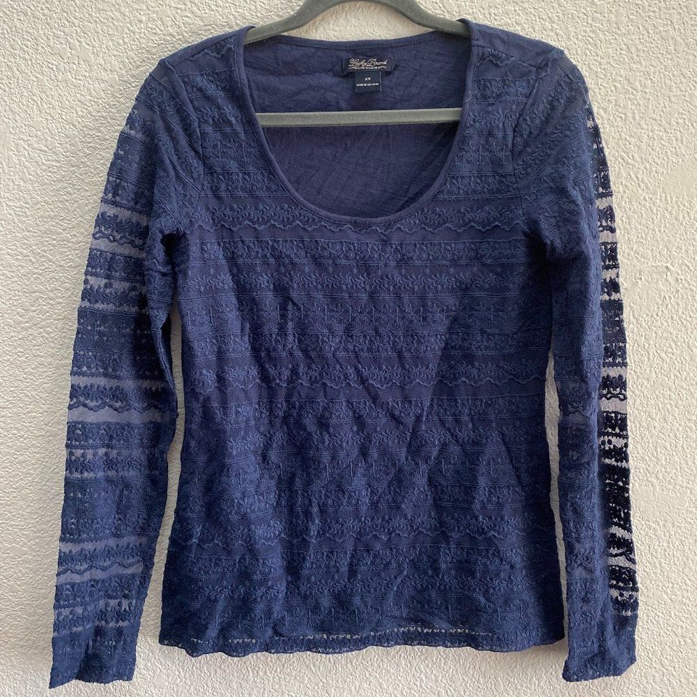 Lucky Brand Lace Knit Detail See-Thru Long Sleeve Dark Blue Shirt Top XS